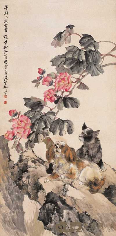 柳滨 双犬图 轴 136×66cm